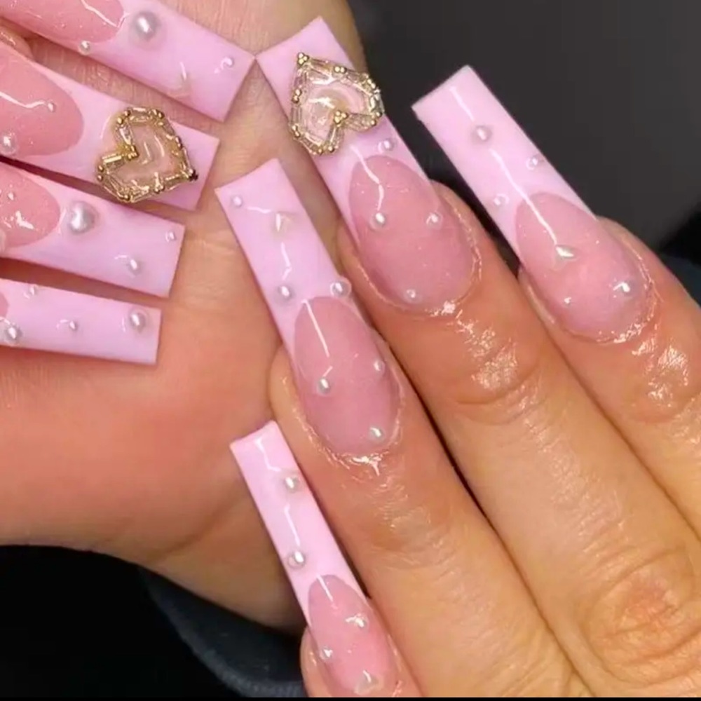 Long Coffin Pink French Press-On Nail with Pearls and Heart Rhinestone Design